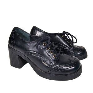 Vintage Y2K Mudd Black Lace-Up Heeled Oxford Shoes Brogue Detailing Size 6